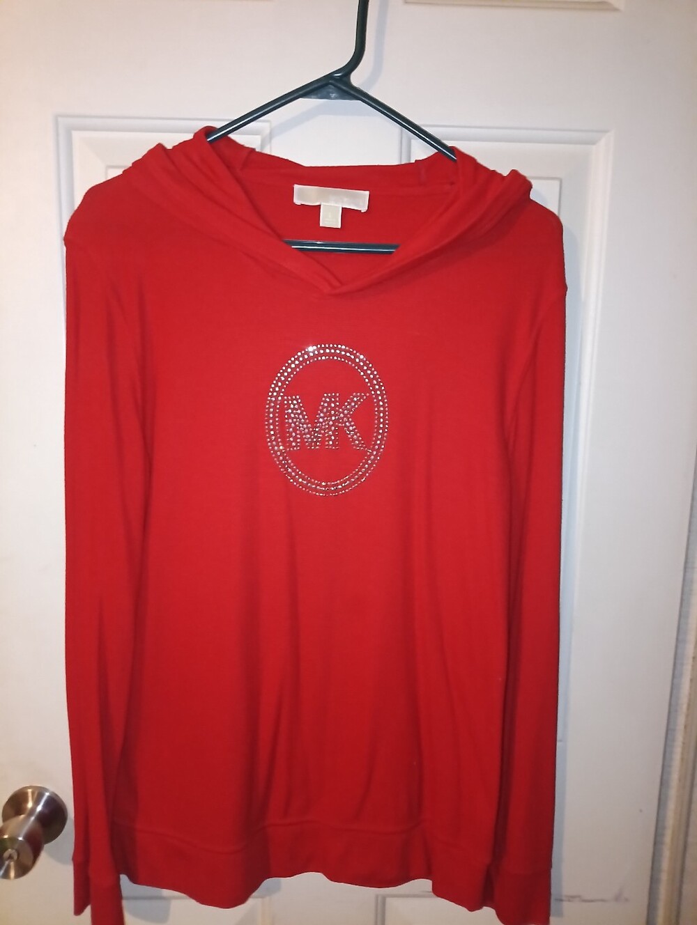 Michael Kors Red Hooded Sweatshirt with Crystal MK Logo Large